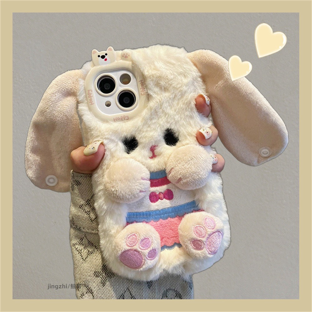 Internet Celebrity Female Model Super Hot Model Long Eared Rabbit Plush Shell Plush Cartoon Cute White ins Style Korean and Japanese for 16/15/14/13/12/11promax Mobile Phone Case iphone15 Autumn and Winter New Model 16pro Flu